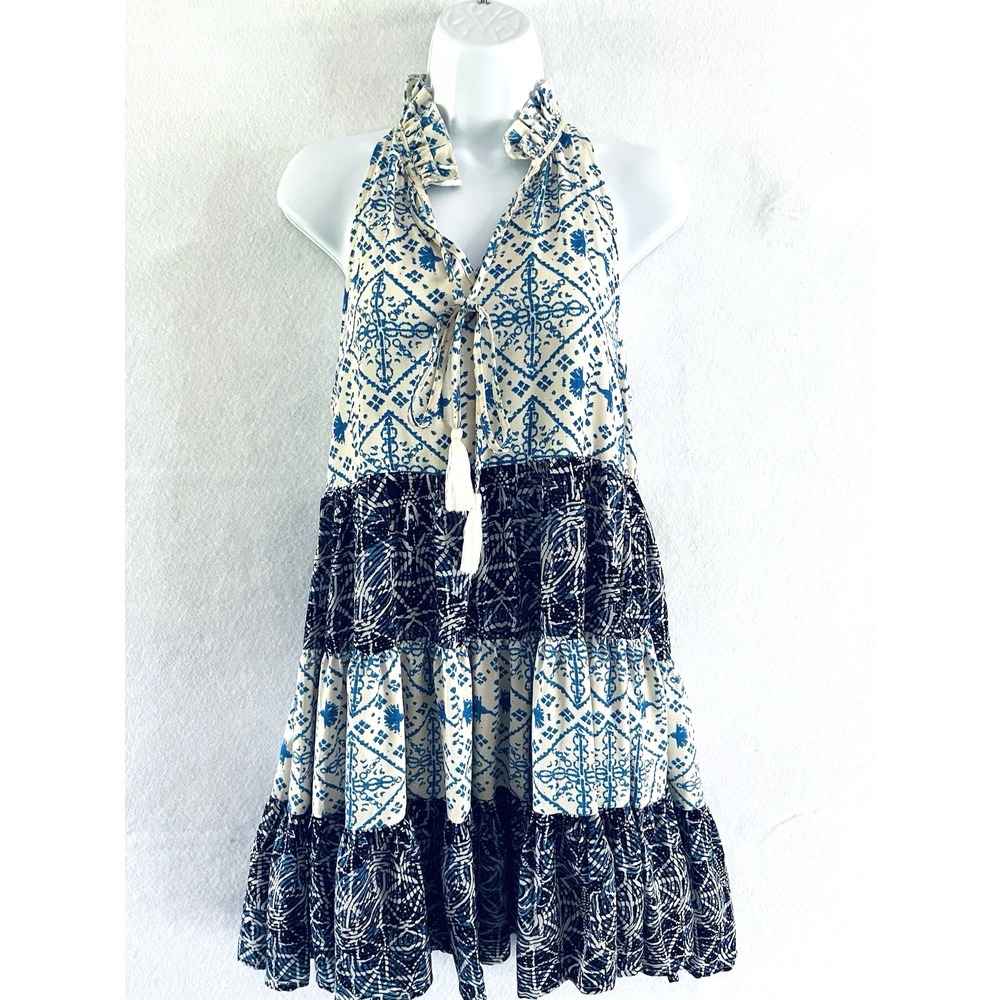 Entro Boho Patchwork Resort Blue Large Mini Dress Summer Hippie Beach